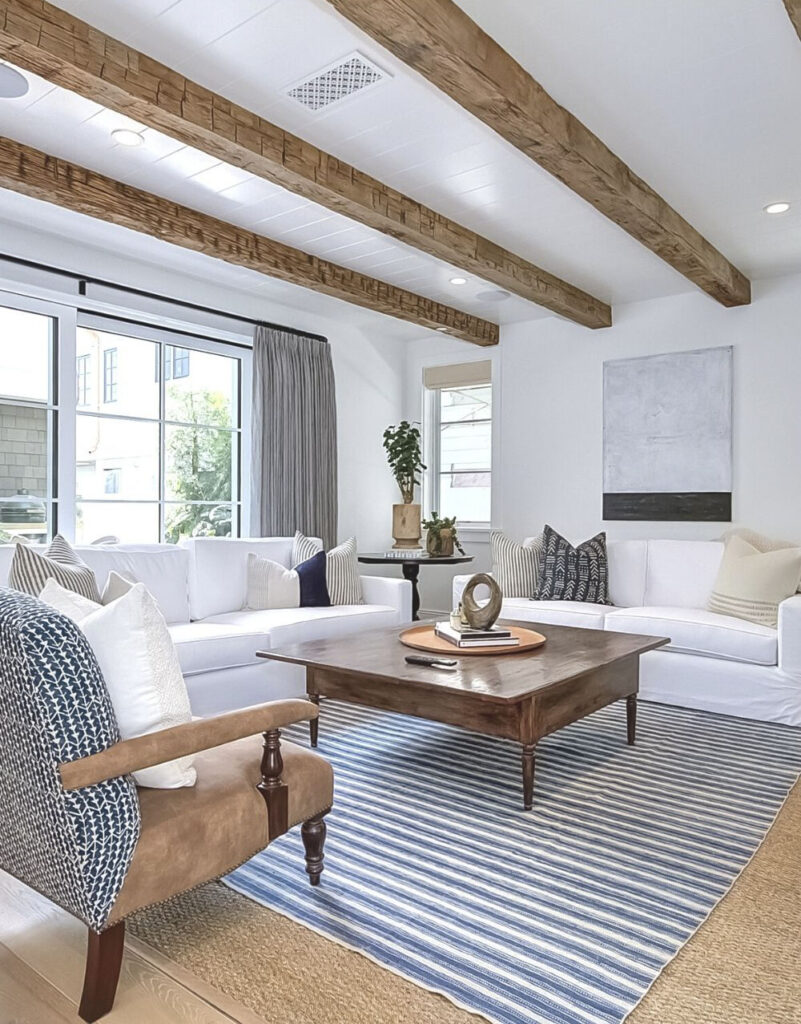 family room with striped rug