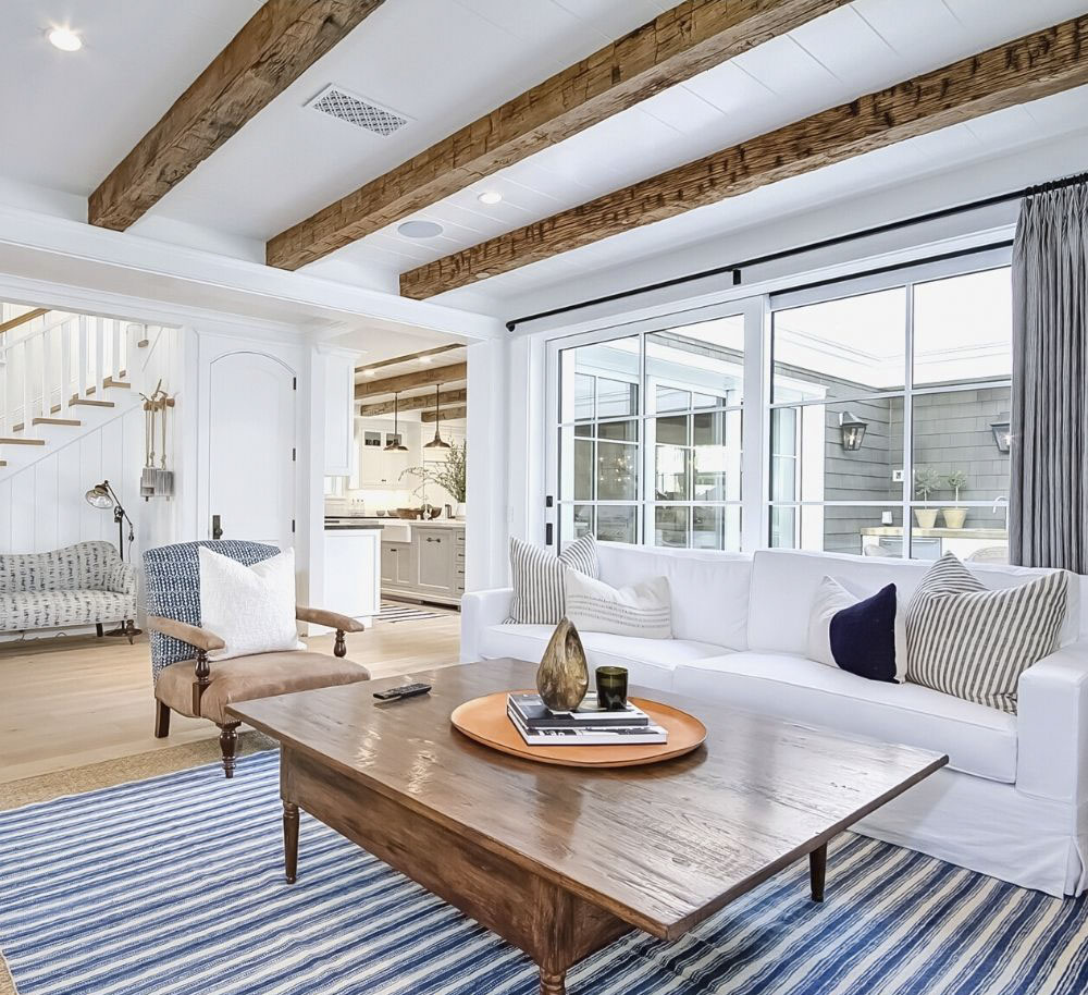 Family room with striped rug