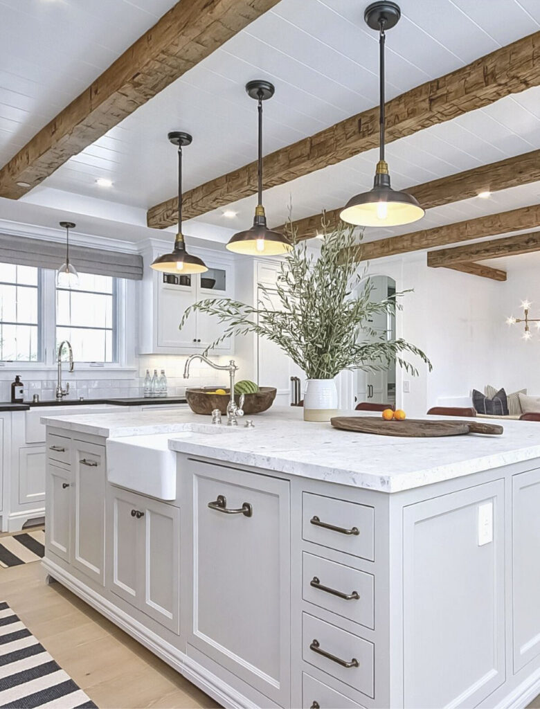 kitchen island with ceiling beams